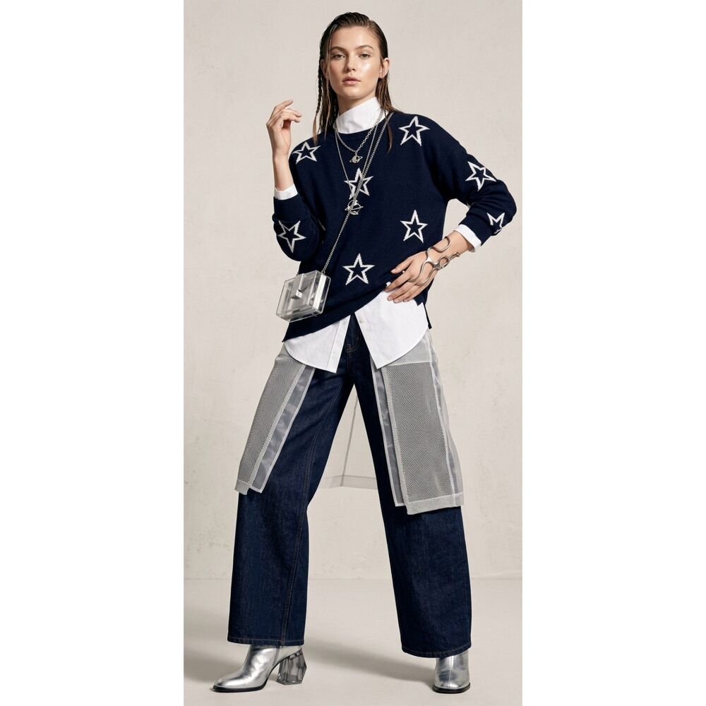 $415 Chinti and Parker Star Print Navy Sweater Merino Wool Cashmere Size M
